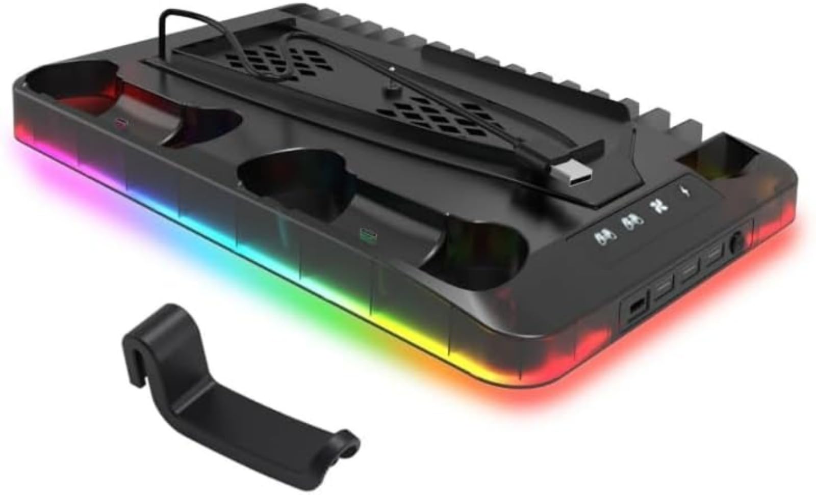 Stazione di ricarica PS5 con doppia ventola di raffreddamento, 2 dock per controller, hub USB a 3 porte, illuminazione RGB, archiviazione CD e gancio per cuffie, supporto organizer per console 5