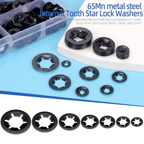 Glarks 600pcs Metric M3 M4 M5 M6 M8 M10 M12 65Mn-Stahl Schwarz Interne Zahn Star Lock Unterlegscheiben Sortiment Kit Quick Speed Locking Unterlegscheiben Push on Locking Unterlegscheiben