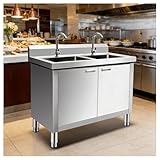 SJJALAKAJA Spülbeckenschrank Aus Edelstahl Freistehendes Doppelwaschbecken Mit Erhöhter Rückwand Geräumiger Aufbewahrungsschrank Vollständig Geschweißte Konstruktion Abgerundete Ecken