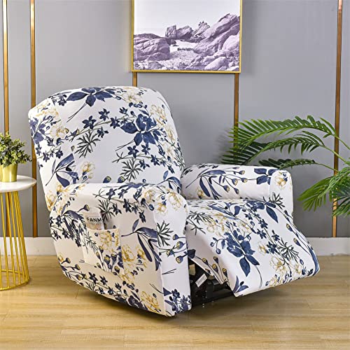 Fansu Funda de Sillón Relax 1 Plaza, Flores Clasicas Retro Alta Elasticidad para Sillón Relax Funda Reclinable con Bolsillos Laterales, 4 Piezas Lavables Fundas Protector (Hojas Azules)