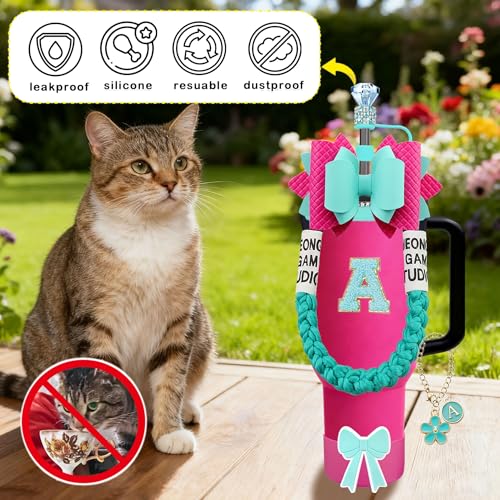 RNFVJH 7PCS Teal Accessories Set with Letter Stickers for Stanley Quencher H2.0 40oz & 30oz Tumblers, Straw Topper, Silicone Cup Boot, Handle Strap, Initial Flower Charm, Water Bottle Accessories(K)