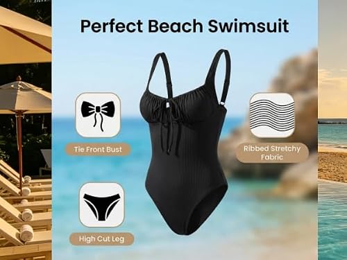 NYXMARE Orinvelas Women's High Cut One Piece Swimsuit Tie Front Square Neck Bathing Suit Black — view 3