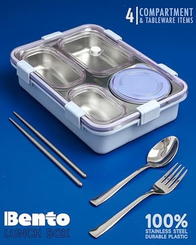 Image of Brand Conquer Lunch Box Leak-Proof BPA Free Stainless Steel for School, Lunch Box for School & Office with a Fork, a Spoon and a Pair of Chopsticks (Classic Blue, 4 Compartment)