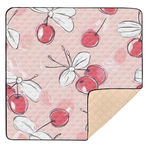 BOESI Doodle Cherry and Bow Pattern Baby Play Mat, 50“ X 50” Washable Folding Crawling Mat, Baby Floor Mat, Soft, Thick, Non-Slip