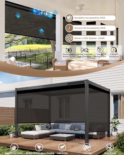 Image of Kincmo Motorized Outdoor Shades for Patio Porch, Custom Outdoor Motorized Blinds with Remote, Waterproof & Windproof Patio Shades Work with Apple Home,Alexa,Google (Brown-3% Openness)