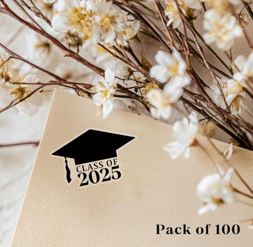 50 x Class of 2025 Graduation Hat Stickers – Black Vinyl Labels for Graduation Invitations, Envelopes, Tumblers, and Party Favors – 2 Inch (Class of 2025 Black)