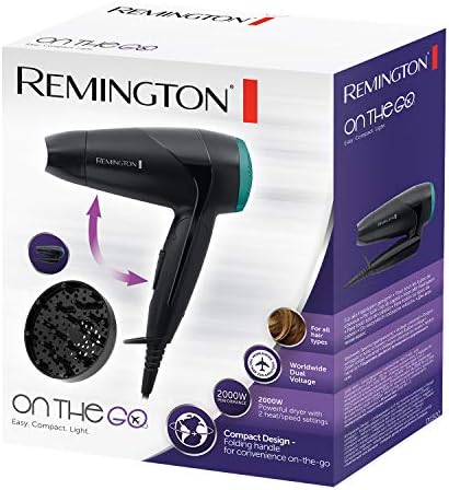Remington Folding Travel Hairdryer with Mini Concentrator and Diffuser, Worldwide Voltage - D1500, Black