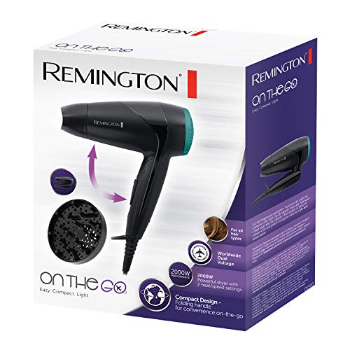 Remington Travel Hair Dryer (Diffuser, Concentrator, Folding Handle, Lightweight Compact Design, Worldwide Voltage, 2 Heat / 2 Speed Settings, 2000W) D1500