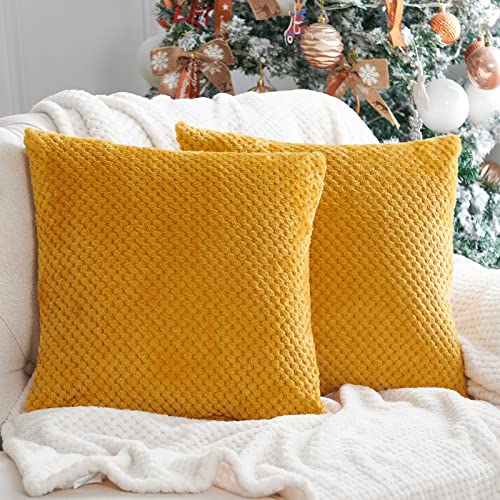 Jinchan Fleece Throw Pillow Covers Winter Flannel Plush Fuzzy Fluff Soft Waffle Corduroy Decorative Cushion Covers Pillowcases For Couch Sofa Bedroom 18 X 18 Inch Mustard Yellow Pack Of 2 #TOP7