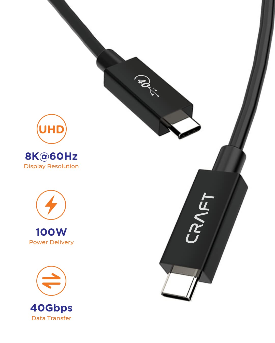 Craft 4ft USB4 Type C Data Cable | Thunderbolt 4 Compatible Cable for 8K Display | 100W USB C Fast Charger | High Speed USB C Cable with 40 Gbps Data Transfer Speed, Black