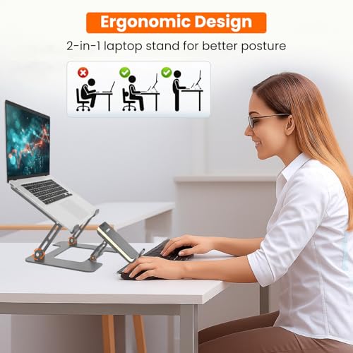 Image of Dyazo 2 in 1 Adjustable Laptop & Mobile Stand | Foldable & Ventilated Riser for Laptops upto 15.6 inch | Portable Adjustable Height | Compatible for MacBook, HP, Dell, Acer, Lenovo & More (Space Grey)