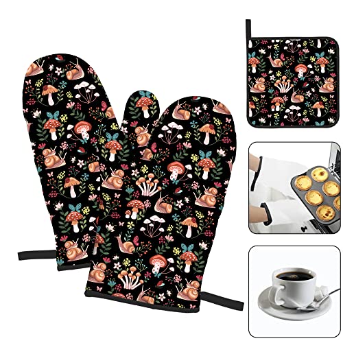 Snail Mushroom Oven Mitts Gloves With Pot Holders Sets, 3 Pack Heat Resistant 480 ℉ Non Slip Cotton Lining Kitchen Women Men Cooking Barbecue Microwave Animal Oven Mitts #TOP2