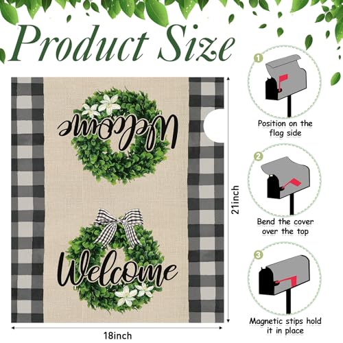 Image of Tiamon Summer Plaid Mailbox Covers Magnetic Eucalyptus Welcome Letter Box Wrap Standard Size 21x18 Inch Spring Wreath Mailbox Decor Plaid Post Box Decoration for Outdoor Garden Yard