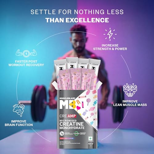 Image of MuscleBlaze Micronised Creatine Monohydrate CreAMP Powder, 7 Sachets | Candy Rush | Trustified Certified Creatine | Travel Pack