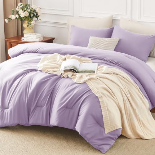 Image of HIMEET King Size Comforter Set, 3 Pieces with 2 Pillowcases, Lavender | 270GSM Down Alternative Fill, Oeko-TEX Certified, 8 Corner Ties Quilted, All Season, Fluffy Bed Set, Bedroom Decor Bedding