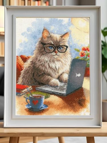 Image of RIOLIS - Writer of Meowmoirs 2263, Cats Cross Stitch Kits 8 inchx11, Cross Stitch Kits for Beginners & Advanced, Crossstitching Kits Adult, Counted Stitching Kits, Cats Embroidery Kit