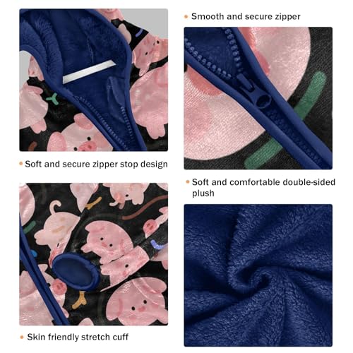 Pig Pattern on Black Background Toddler Fleece Jacket Girl Boys Hooded Fleece Jacket Coat Warm Outwear Zip-up 3-10T3