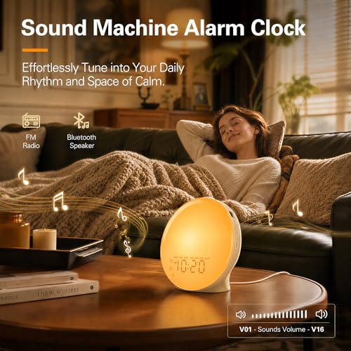 Image of JALL Full-Screen Wake Up Light Sunrise Alarm Clocks for Bedrooms, White Noise Machine for Heavy Sleepers, 25 Natural Sounds, Dual Alarms, FM Radio, 17 Dimmable Colors, Bluetooth Speaker