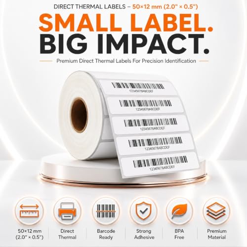 Image of Direct Thermal Labels (Pack of 10, 50mm x 12mm - 500Labels /Roll) - Non Tearable, Scratch Free, Water Proof & Non Fade Stickers with Permanent Marking