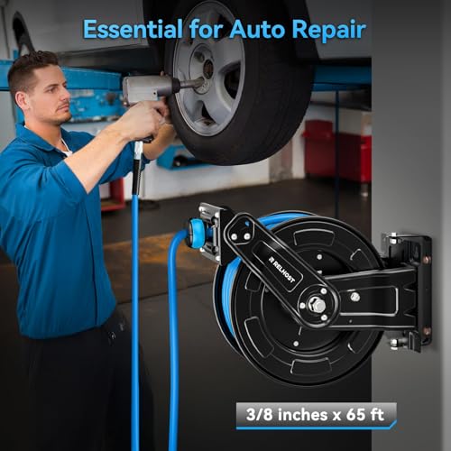 Relhost Retractable Air Hose Reel, 65 ft x 3/8 in Hybrid Air Hose Max 300PSI, Heavy Duty Air Compressor Hose Reel with Dual Arms, Auto Rewind, 180&deg; Swivel Ceiling/Wall Mount for Garages, Workshops