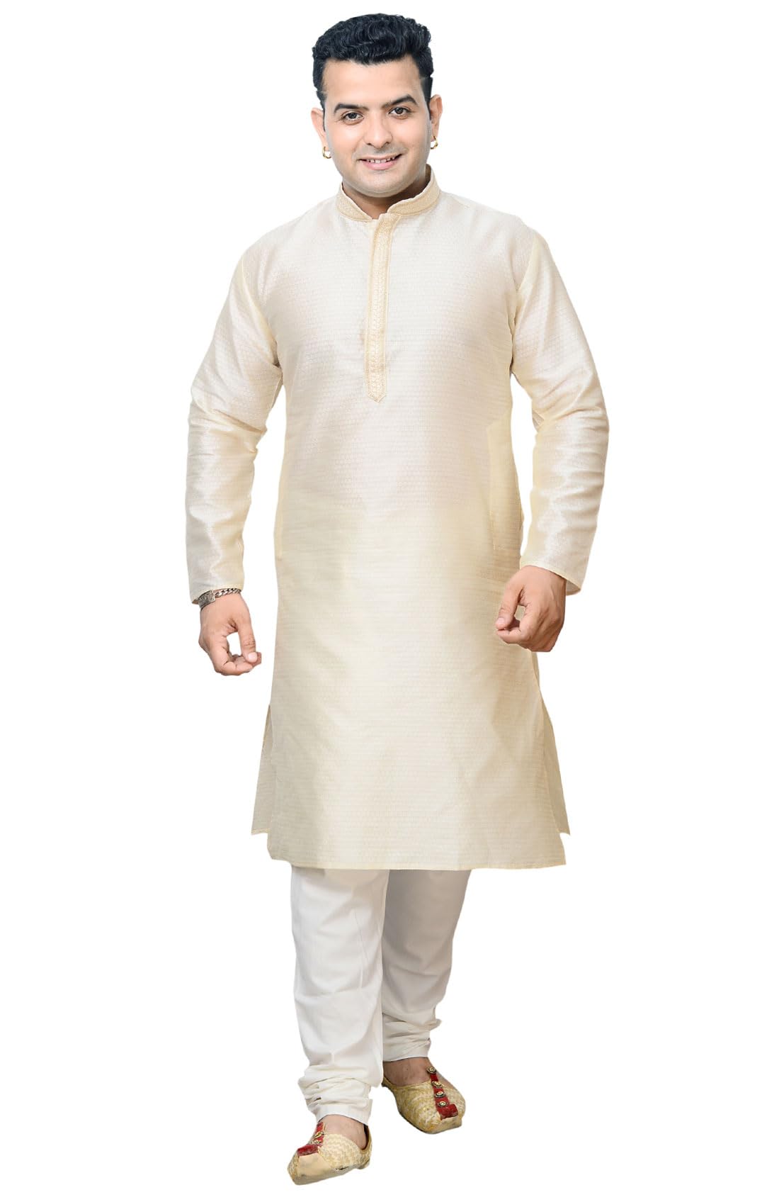 Desi Sarees Men's Cream Jacquard Band Collar Kurta Pajama Salwar Kameez Suit 1904 (40, )