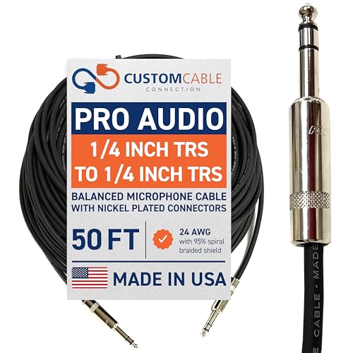 50 Foot Pro Audio REAN 1/4 inch (6.35mm) TRS to REAN 1/4 inch (6.35mm) TRS Balanced Cable with Rean NYS228 Nickel Plated connectors by Custom Cable Connection