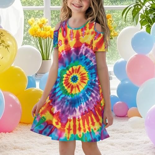 Girls Summer Cold Shoulder Dresses 3-14Y Kids Casual Short Sleeve Mini School Outdoor Dress with Pockets4