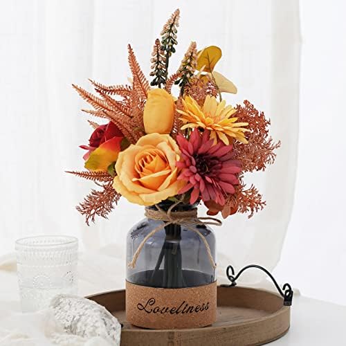 MEGLORYA Artificial Flowers with Vase, Fake Flowers Silk Roses in Vase, Floral Decor for Rustic Home Office, Faux Flower Arrangements for House Decor, Farmhouse Coffee Table Fall Centerpieces