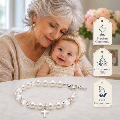 Image of Baby White Pearl Bracelet, Sterling Silver Cross Charm Baptism Gifts for Girl