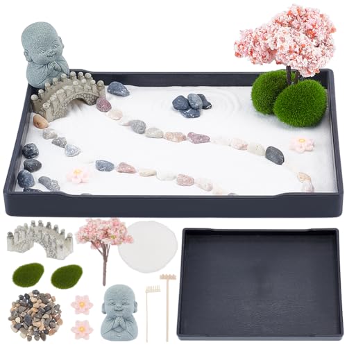 WEBEEDY Mini Zen Garden Kit Japanese Style Sand Tray Kit Sand Garden for Desktop with Tray,Desk Sandbox Miniature Ornaments Kit for Home Office Desk Beautiful Decor Relaxation Meditation