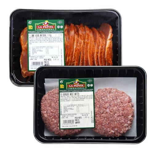 EMBUTIDOS LA PEPITA – Pack Familiar: Lomo Adobado 1,2 kg + Burger Meat Mixta (10 uds.) | Envasado en Atmósfera Protectora | Conservar 0–4 ºC | Cocinar antes de consumir