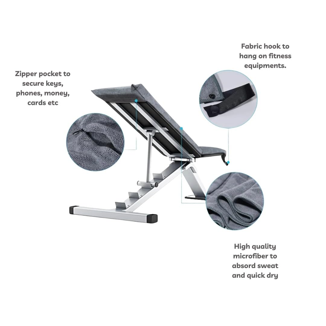 Angelica & Co Toalla de gimnasio de microfibra de secado rápido con bolsillo para teléfono, cremallera, fitness, pilates, funda para esterilla de yoga, cubierta de banco, camping, azul, L