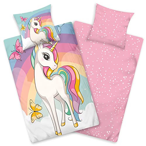 Aminata kids Bettwäsche 135 x 200 Einhorn-Motiv Mädchen Baumwolle,...