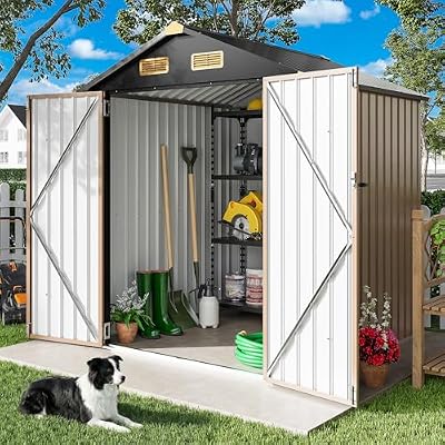 IRONCK 5.7x5.7FT Outdoor Storage Shed, Metal Garden Tool Shed with Breathable Vent and Lockable Doors, Outside Storage for Backyard, Poolside, Patio, Brown