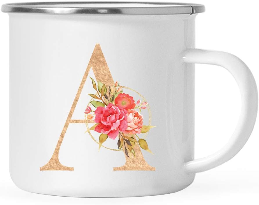 Andaz Press 11oz. Stainless Steel Campfire Coffee Mug Bridesmaid's Wedding Gift, English Garden Florals, Monogram Letter A, 1-Pack, Girls Women Bridal Shower Wedding Party Gifts
