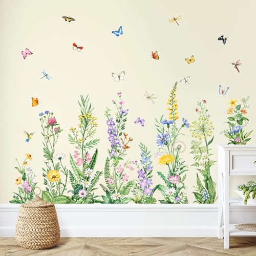 Tanlaby Autocollants Muraux Fleurs Printemps-été Stickers Muraux Fleurs Sauvages Herbes avec Papillons Sticker Mural Plant Décoration Murale à Décoller et...