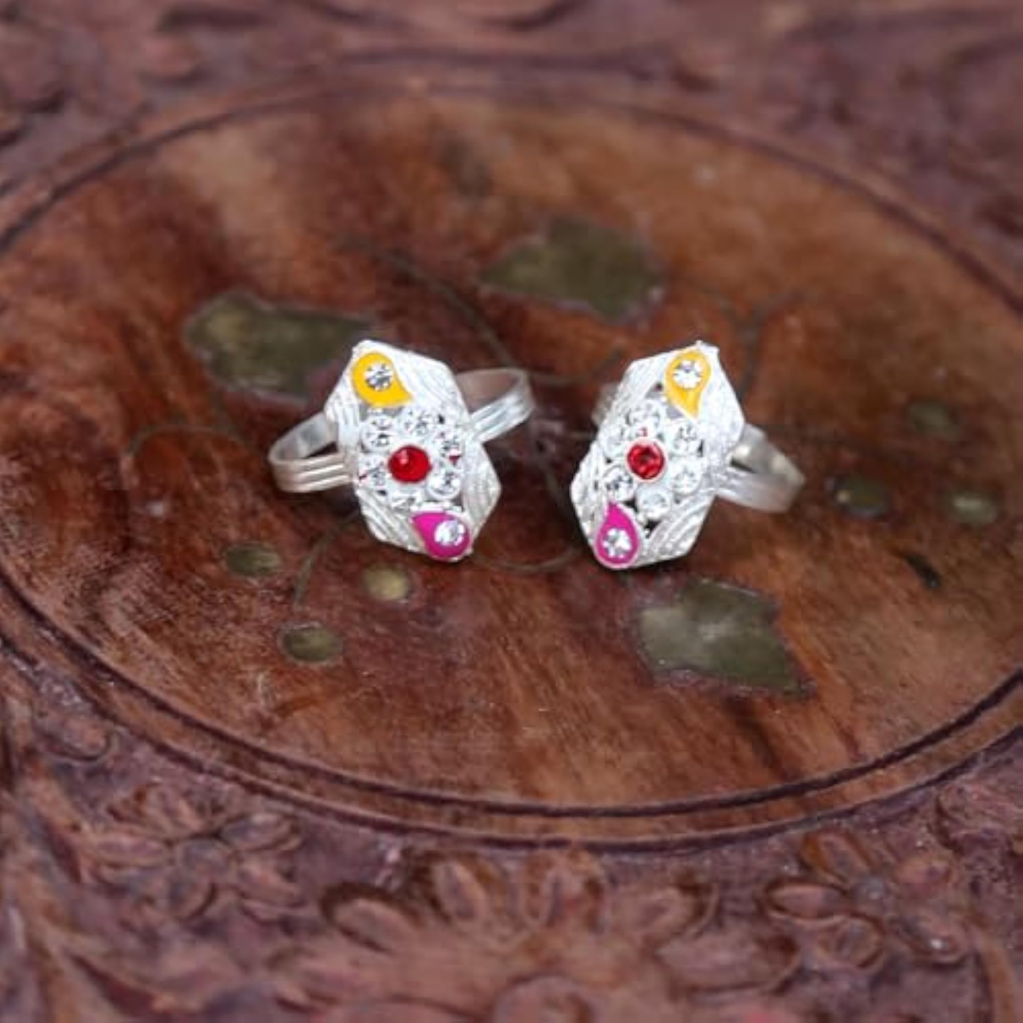 Women's Silver Finish Floral Design Pink & Yellow Stone Adjustable Toe Ring