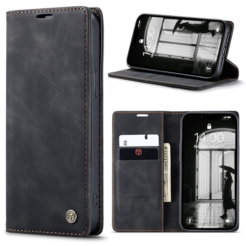Phernykas Hoesje voor iPhone 16e Case, Premium Lederen Flip Wallet met Kaartenvakken en Horizontale Standfunctie Magneet Coque Beschermhoesje iPhone 16e Cover, Zwart