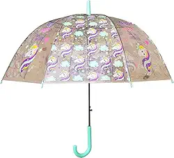 Guarda Chuva Infantil com Estampa de Unicórnio Transparente Curvado e com Abertura Automática