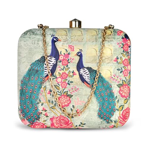 Image of Artklim Multicolour Printed Trendy Box Clutch for Women & Girls - Hard Case Sling Purse - Casual & Brunch Handbag with Detachable Chain Strap - Gift for Woman