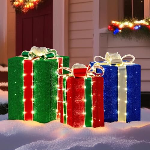 SUNJOY Jumbo 3-Piece Christmas Lighted Gift Box, 3D Tinsel Santa Gift Box Outdoor Garden Yard Lawn Festive Holiday Decoration with Lights for Indoor & Outdoor by Sunjoy - Used condition - US$38.33