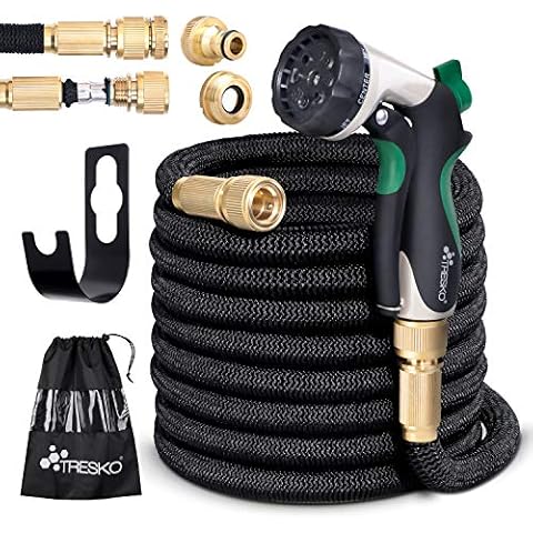 TRESKO Expandable Garden Water Hose Pipe- 8-Pattern Spray Gun Anti-leakage with Brass Fittings, Triple Latex Core & Hose Hook/Hanger, Magic-hose pipes (100FT) Cover