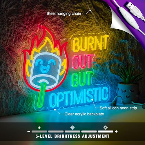 Image of Burnt Out But Optimistic Neon Sign Marshmallow Decorations Positive Affirmation LED Light for Wall Decor