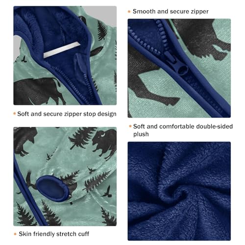 Buffalo Trees Birds Pattern Toddler Fleece Jacket Girl Boys Hooded Fleece Jacket Coat Warm Outwear Zip-up 3-10T3