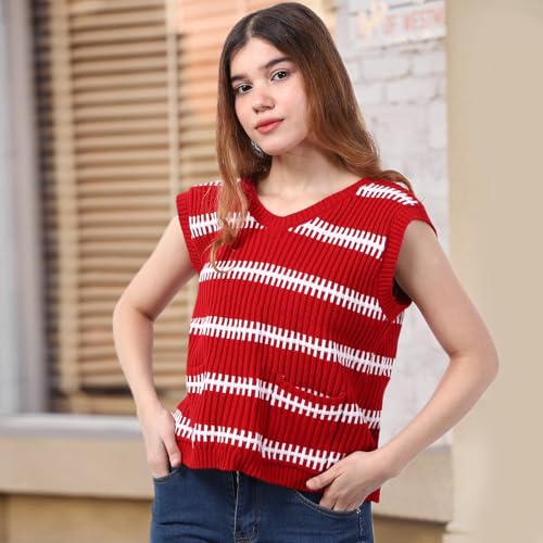 Image of PARTTELY Sweater Vest Women Casual Sleeveless Crochet Tops Color Block Tie Back Knit Tank Tops with Pockets