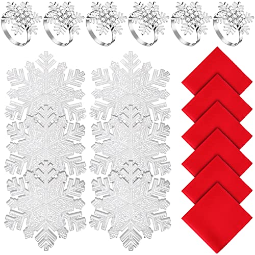 Yungyan 18 Pcs Christmas Napkin Placemat and Ring Set Red Christmas Napkins Cloth Silver Snowflake Placemats Metal Ring Holder Formal Table Setting for Dinning Xmas Party