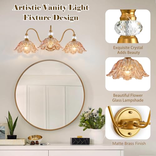 Image of Vintage Bathroom Vanity Light, 3-Light Matte Brass Finish Vanity Light with Flower-Shaped Amber Glass Shades, Retro Wall Sconce for Bathroom, Dressing Table