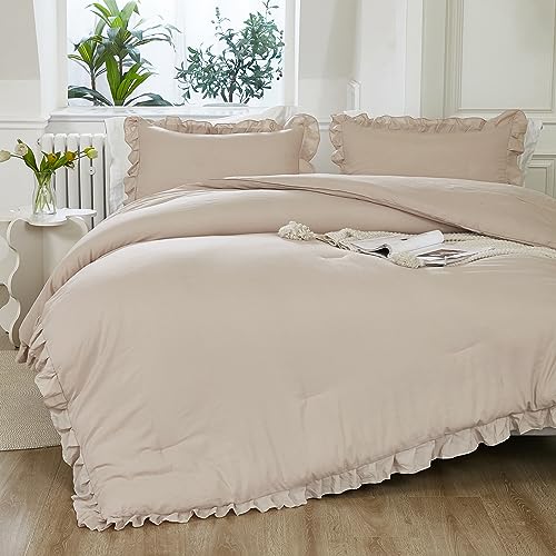 Image of Litanika Full Comforter Set Beige, 3 Pieces Khaki Ruffle Farmhouse Aesthetic Bedding Comforter Set, Lightweight Fluffy Microfiber Bed Set (79x90In Comforter, 2 Pillowcases)