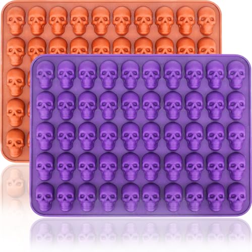 Image of Mini Skull Molds Silicone Halloween for Candy Gummy Chocolate, 100 Cavity 2 pcs Small Head Shapes Freezing Tray Party Homemade 3D Caprese salad Wax Melts DIY Moulds BPA Free Kids Oven Safe