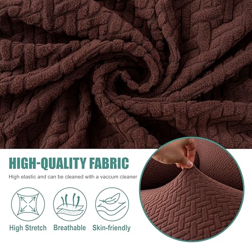 Image of Genina Recliner Loveseat Covers with Console, Stretch Reclining Sofa Covers, 2 Seater Couch Cushion Stripe Jacquard Recliner Slipcovers,Furniture Protector Covers for Pet (Chocolate)